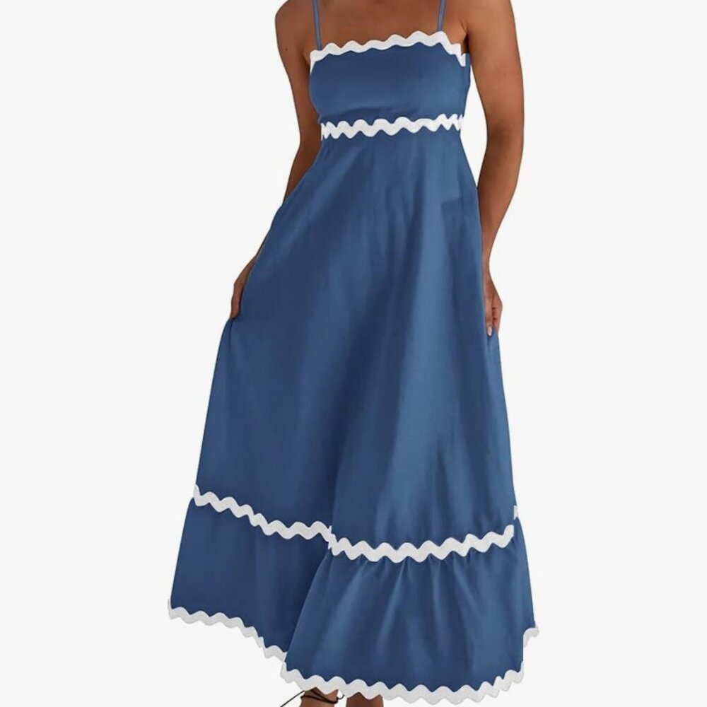 Blue and white scalloped mini dress